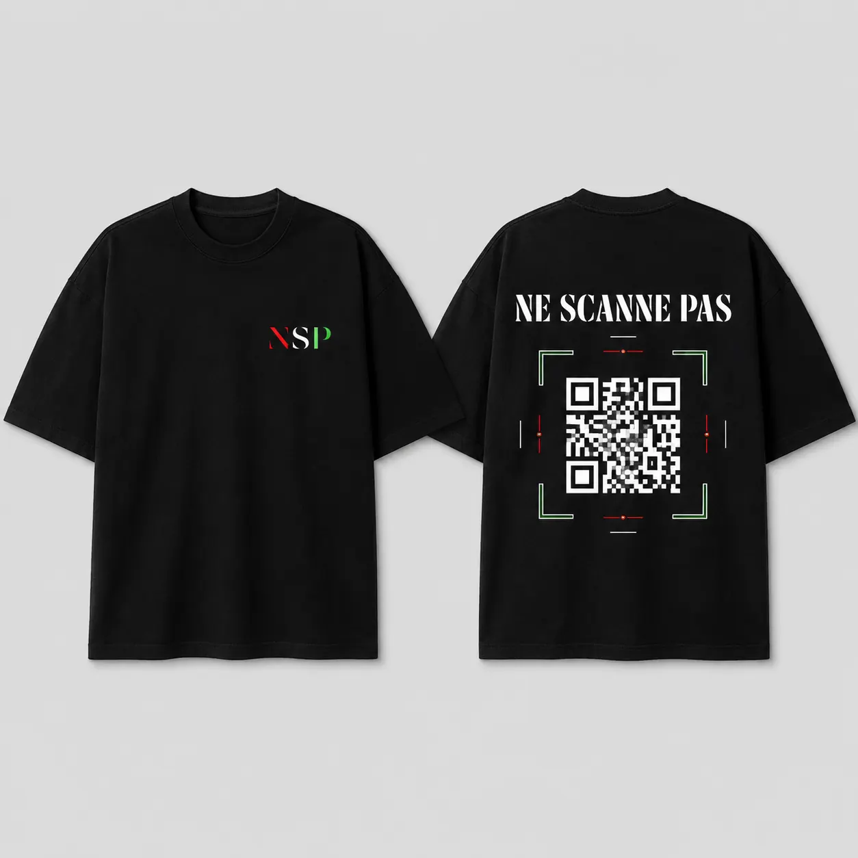 T-shirt NSP noir avec face avant et dos QR code.