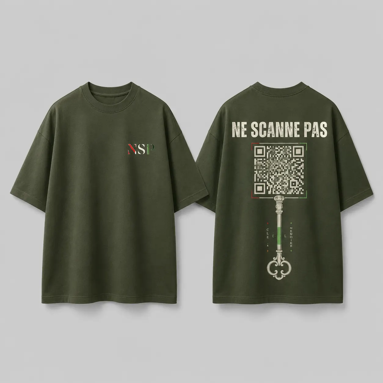 T-shirt NSP vert avec face avant et dos QR code.